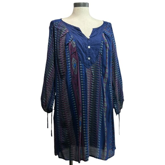 ROXY Mini Dress Sz M Navy Geo Stripe Print Peasant 3/4 Sleeve VNeck Button Up - Picture 4 of 11